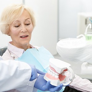 Dentist explaining how dental implants work in Colorado Springs to patient