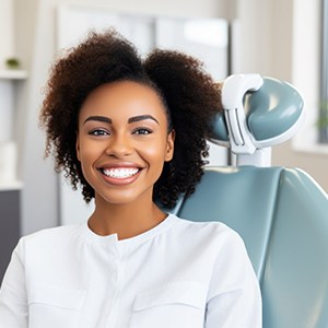 Woman in white shirt smiling while sitting in treatment chair